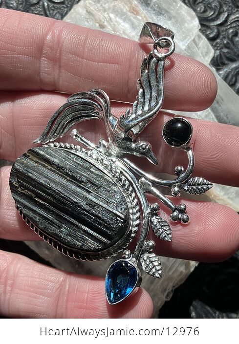 Bird Black Tourmaline Obsidian and Blue Topaz Pendant Crystal Stone Jewelry - #6Jybboifq7E-5