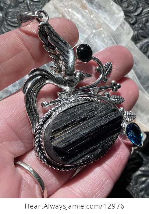 Bird Black Tourmaline Obsidian and Blue Topaz Pendant Crystal Stone Jewelry - #6Jybboifq7E-6