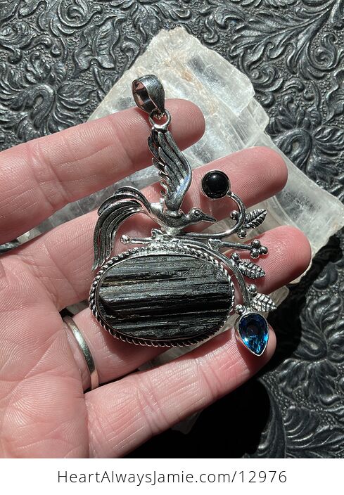 Bird Black Tourmaline Obsidian and Blue Topaz Pendant Crystal Stone Jewelry - #6Jybboifq7E-1