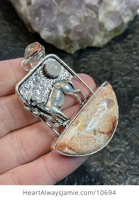 Birds Eye Jasper and Quartz Deer Crystal Stone Jewelry Pendant - #PBb78nhcFLc-3