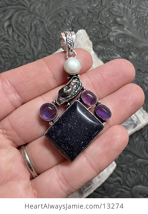 Biwa Pearl Amethyst and Blue Goldstone Pendant Crystal Stone Jewelry - #jFR4iGdZ7ZQ-1