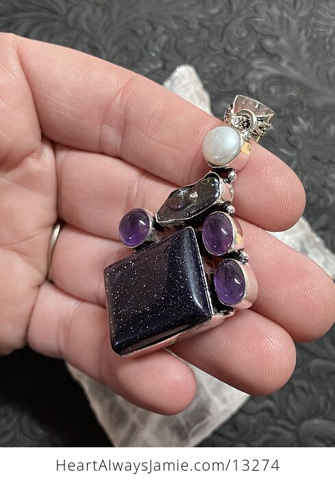 Biwa Pearl Amethyst and Blue Goldstone Pendant Crystal Stone Jewelry - #jFR4iGdZ7ZQ-3