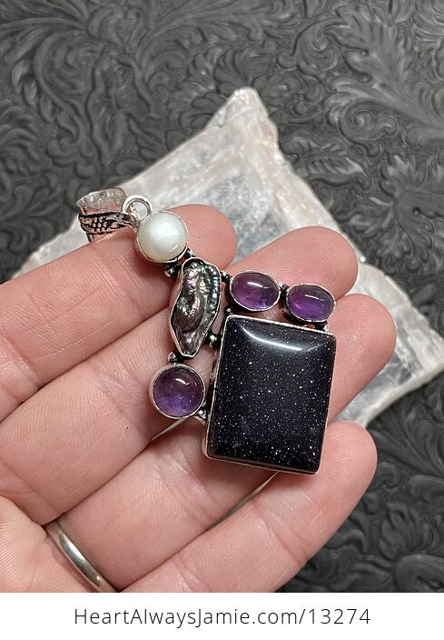 Biwa Pearl Amethyst and Blue Goldstone Pendant Crystal Stone Jewelry - #jFR4iGdZ7ZQ-2