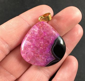 Black and Beautiful Pink Druzy Agate Stone Pendant #5KGSnv7B1b4