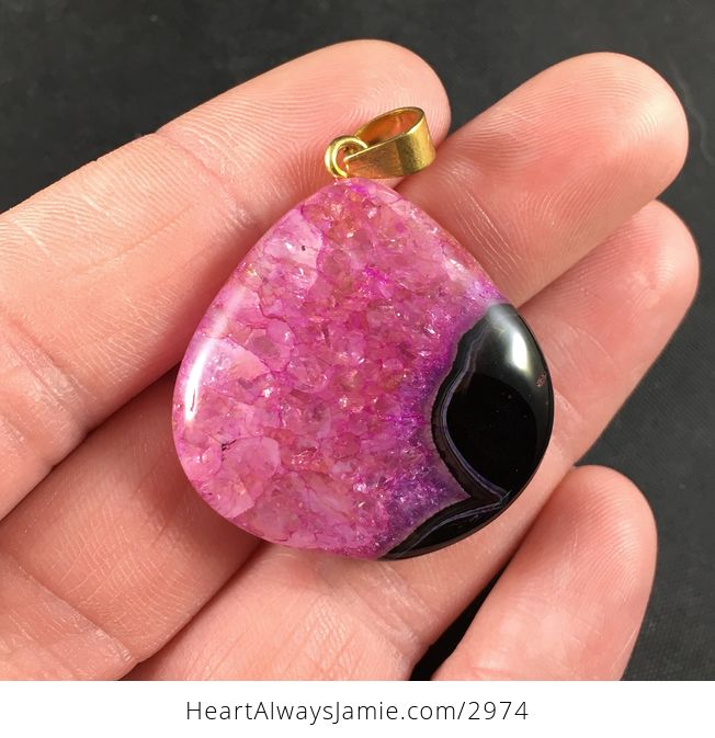 Black and Beautiful Pink Druzy Agate Stone Pendant - #5KGSnv7B1b4-1