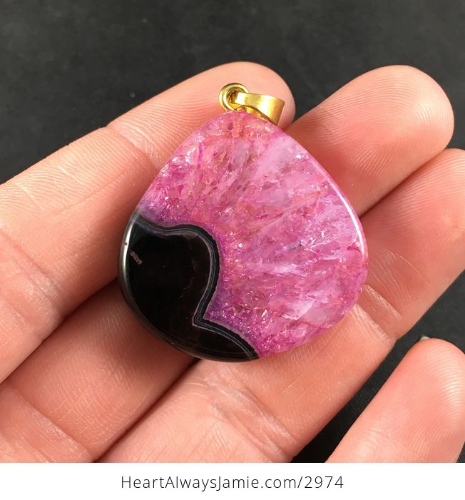 Black and Beautiful Pink Druzy Agate Stone Pendant Necklace - #5KGSnv7B1b4-2