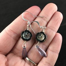 Black and Gold Glass Hawaiian Flower and Purple Dagger Earrings with Silver Wire #f6DStAYZnuo