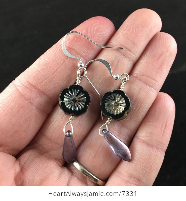 Black and Gold Glass Hawaiian Flower and Purple Dagger Earrings with Silver Wire - #f6DStAYZnuo-1