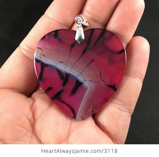 Black and Pink Heart Shaped Dragon Veins Agate Stone Pendant Necklace - #urO8d9MfEts-2