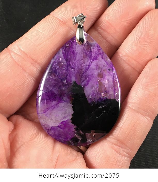 Black and Purple Drusy Agate Stone Pendant Necklace - #iA4qDwrEjK0-2