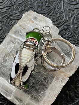 Black and White Rhinestone Lucky Cicada on Bamboo Silver Toned Keychain #grnqLGJzqrQ