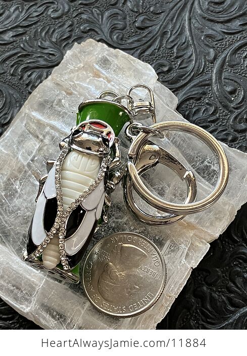 Black and White Rhinestone Lucky Cicada on Bamboo Silver Toned Keychain - #grnqLGJzqrQ-3