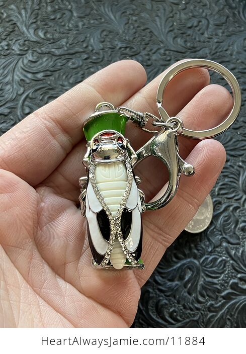 Black and White Rhinestone Lucky Cicada on Bamboo Silver Toned Keychain - #grnqLGJzqrQ-2
