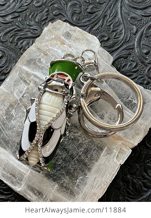Black and White Rhinestone Lucky Cicada on Bamboo Silver Toned Keychain - #grnqLGJzqrQ-1
