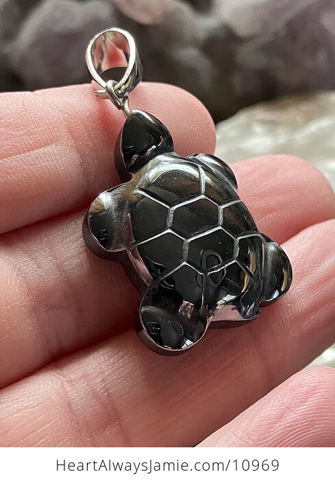 Black Carved Magnetic Hematite Stone Turtle Pendant - #cTvU3xWTRh8-2
