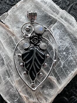 Black Chalcedony Onyx Carved Leaf and Rainbow Moonstone Jewelry Crystal Pendant #GdVjE8QCsTk