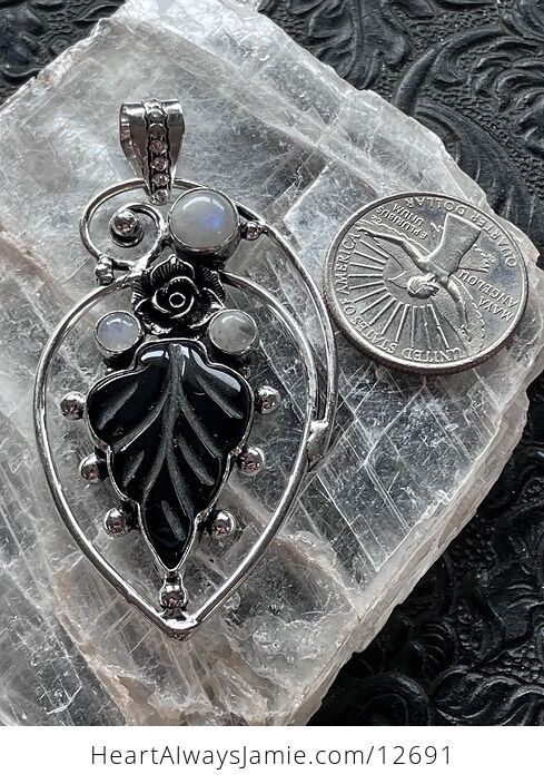 Black Chalcedony Onyx Carved Leaf and Rainbow Moonstone Jewelry Crystal Pendant - #GdVjE8QCsTk-2