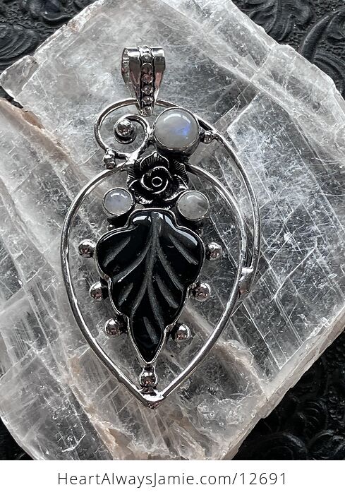 Black Chalcedony Onyx Carved Leaf and Rainbow Moonstone Jewelry Crystal Pendant - #GdVjE8QCsTk-1