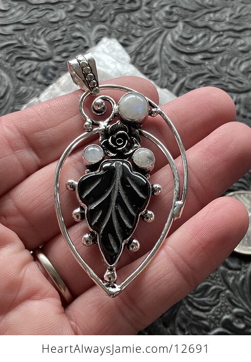 Black Chalcedony Onyx Carved Leaf and Rainbow Moonstone Jewelry Crystal Pendant - #GdVjE8QCsTk-3