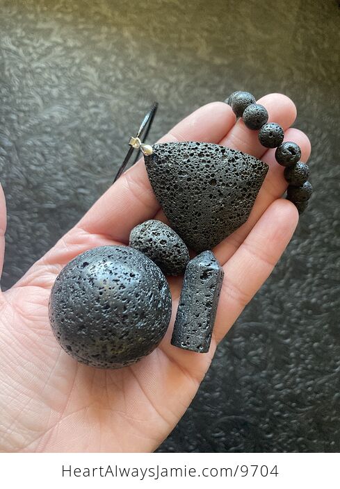 Black Lava Rock Sphere Necklace Tumble Bracelet Point Crystal Gift Set - #C7qGEPd2anI-1