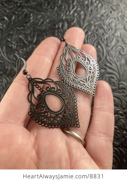 Black Metal Ornate Filigree Earrings - #r4l9QD7KKBk-2