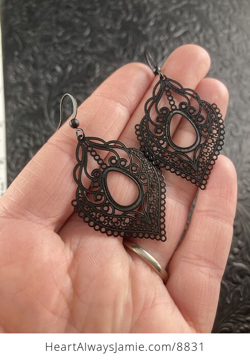 Black Metal Ornate Filigree Earrings - #r4l9QD7KKBk-3