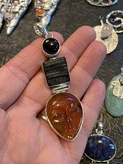 Black Onyx Black Tourmaline and Orange Resin Face Crystal Stone Jewelry Pendant #Cj0tecZEiI0