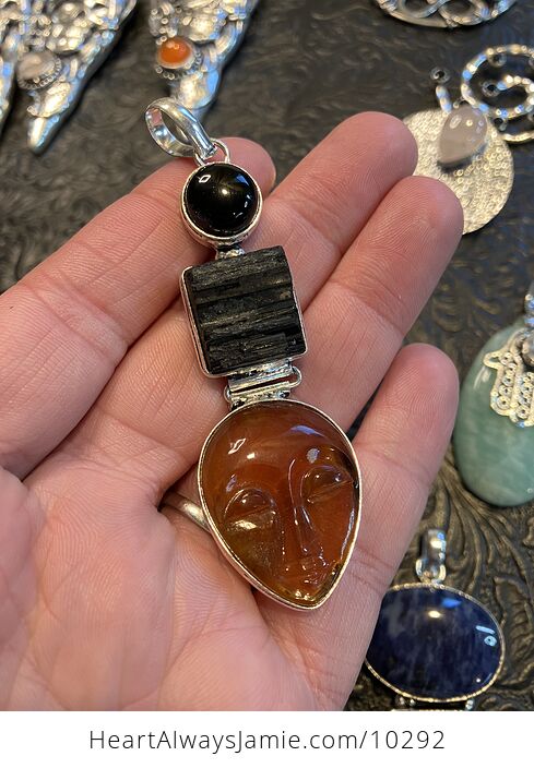 Black Onyx Black Tourmaline and Orange Resin Face Crystal Stone Jewelry Pendant - #Cj0tecZEiI0-1