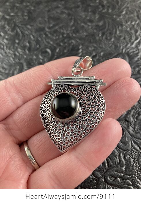 Black Onyx Crystal Stone and Silver Heart Jewelry Pendant - #9rrTuxnxRK8-2