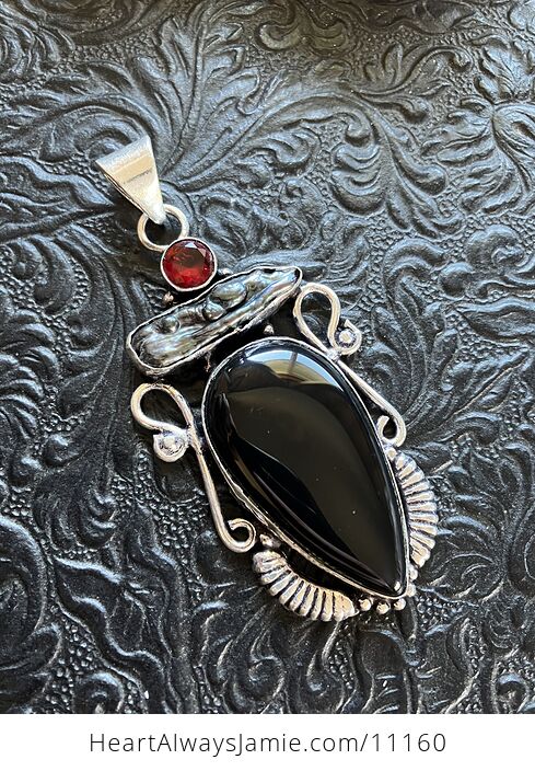 Black Onyx Red Gem and Biwa Pearl Crystal Stone Pendant Charm - #GoUYQqUa9no-5