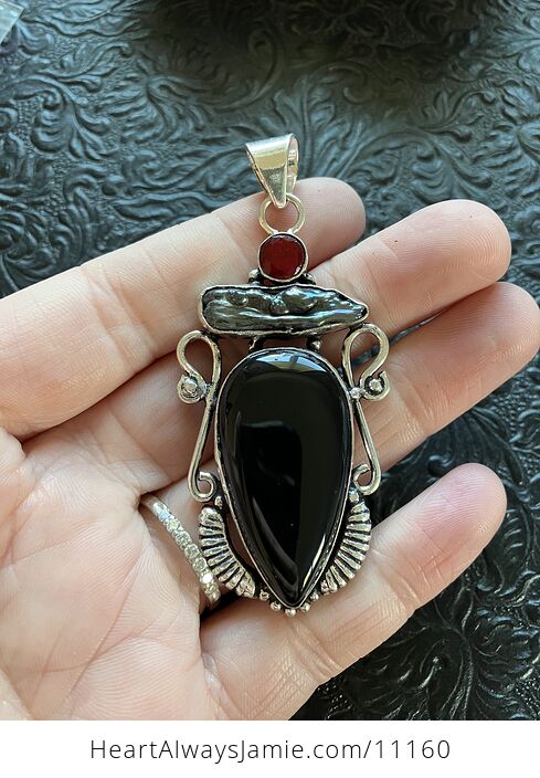 Black Onyx Red Gem and Biwa Pearl Crystal Stone Pendant Charm - #GoUYQqUa9no-2