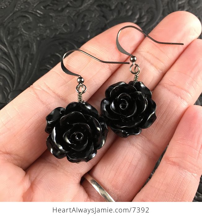 Black Rose and Earrings with Hematite Black Wire - #vKO3cw6GSho-1