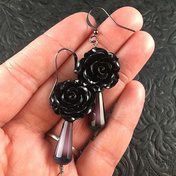 Black Rose and Purple Glass Drop Earrings with Black Wire #o3tx6tvAINo