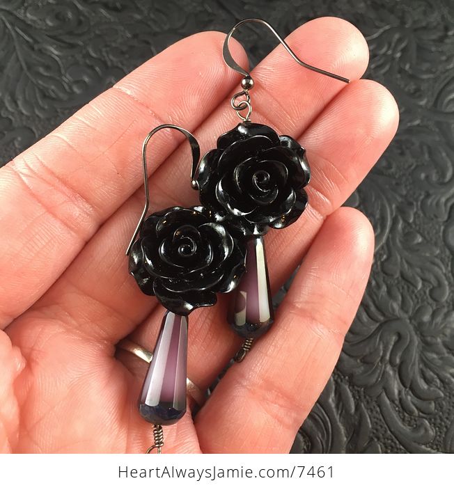 Black Rose and Purple Glass Drop Earrings with Black Wire - #o3tx6tvAINo-1