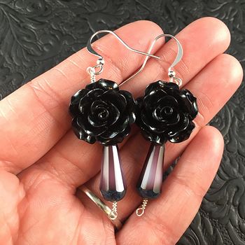 Black Rose and Purple Glass Drop Earrings with Silver Wire #IdDRP5oSa0E