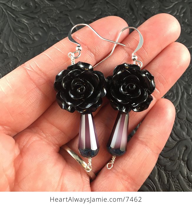 Black Rose and Purple Glass Drop Earrings with Silver Wire - #IdDRP5oSa0E-1