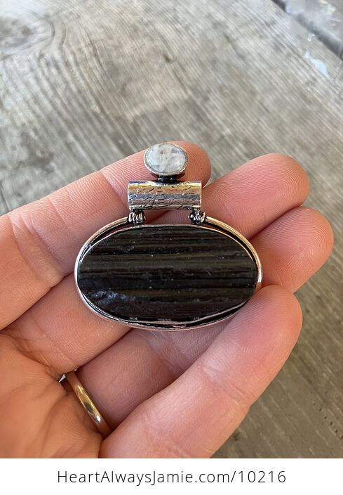 Black Tourmaline and Rainbow Moonstone Crystal Stone Jewelry Pendant - #If3ToVYUV48-6