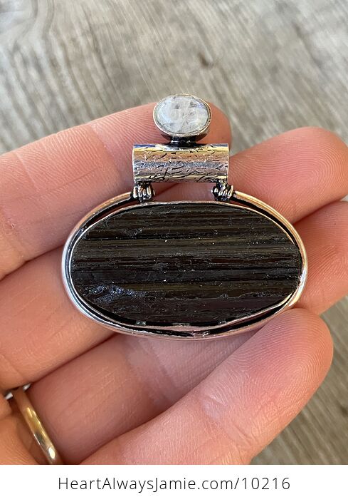 Black Tourmaline and Rainbow Moonstone Crystal Stone Jewelry Pendant - #If3ToVYUV48-9