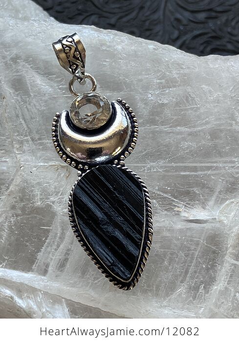 Black Tourmaline and Topaz Witchy Mustic Lunar Crystal Stone Jewelry Pendant - #0E6K0zI7glI-2