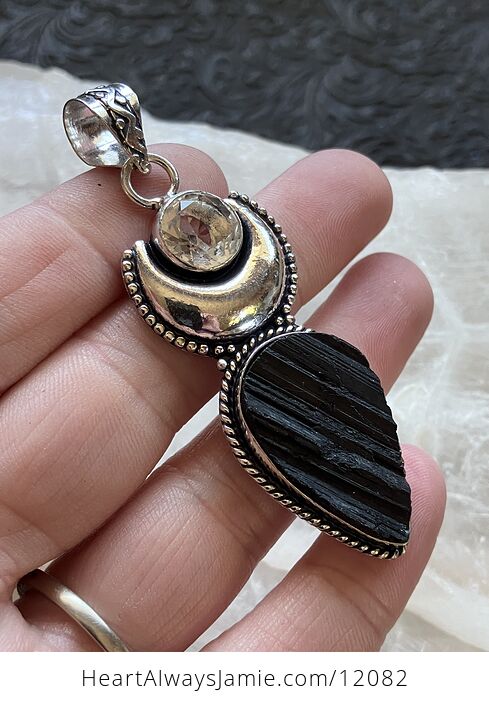 Black Tourmaline and Topaz Witchy Mustic Lunar Crystal Stone Jewelry Pendant - #0E6K0zI7glI-1