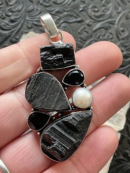 Black Tourmaline Onyx and Pearl Crystal Stone Jewelry Pendant #SChjWlFDda4