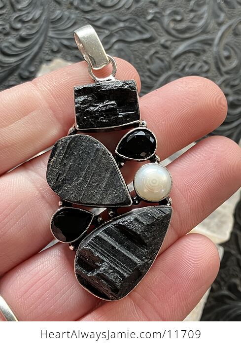 Black Tourmaline Onyx and Pearl Crystal Stone Jewelry Pendant - #SChjWlFDda4-1