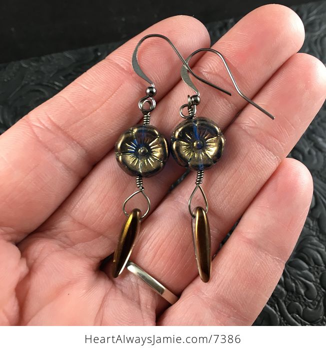 Blue and Bronze Glass Hawaiian Flower and Color Changing Thorn Drop Earrings with Black Wire - #KLJVo2RVfj0-2