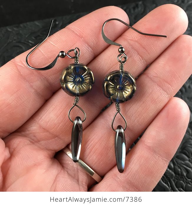 Blue and Bronze Glass Hawaiian Flower and Color Changing Thorn Drop Earrings with Black Wire - #KLJVo2RVfj0-3