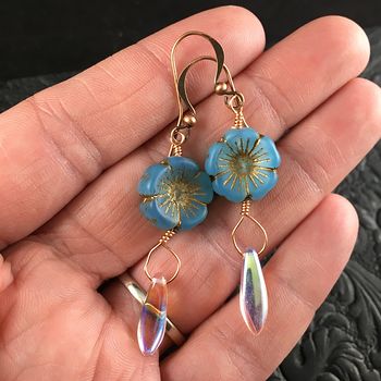 Blue and Bronze Glass Hawaiian Flower and Transparent Dagger Earrings with Copper Wire #H5PBxIZZf6A