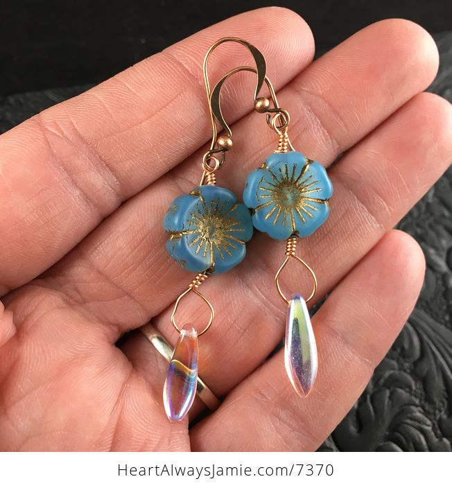 Blue and Bronze Glass Hawaiian Flower and Transparent Dagger Earrings with Copper Wire - #H5PBxIZZf6A-1
