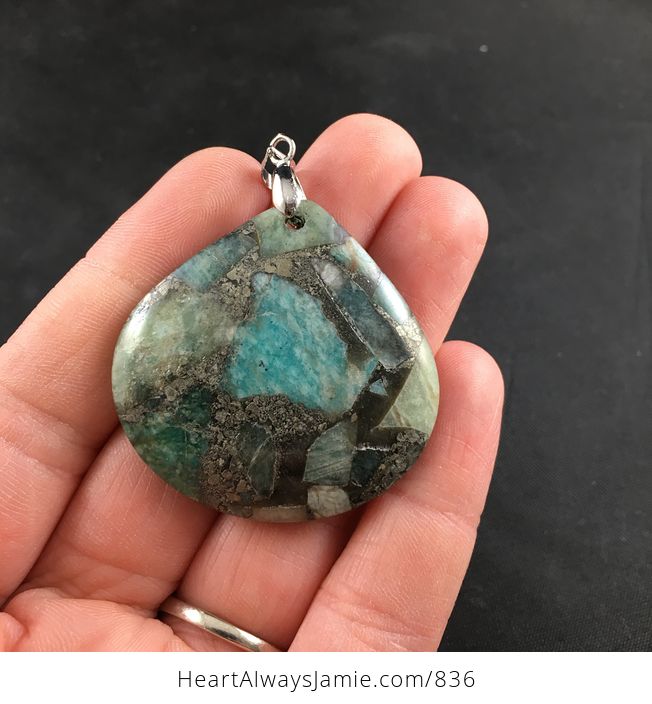 Blue and Green Turquoise Stone and Pyrite Pendant - #FhkfpTmPK7w-1
