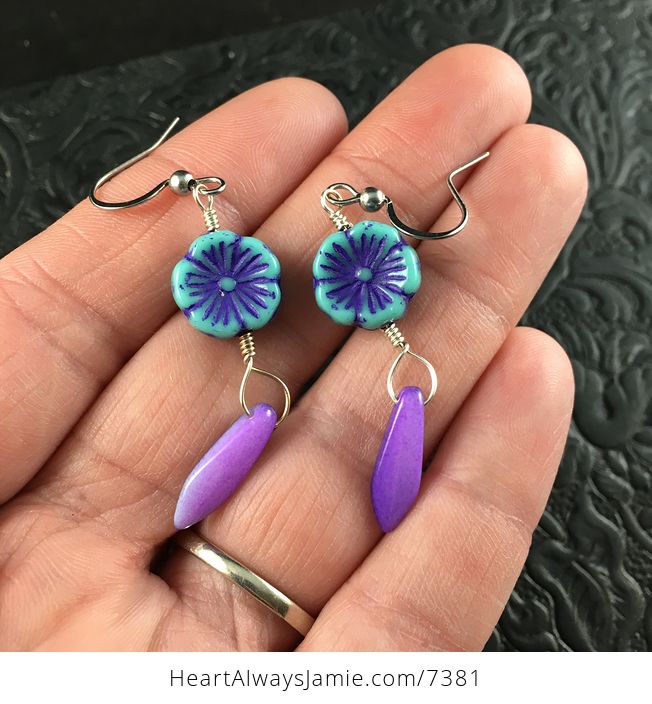Blue and Purple Glass Hawaiian Flower and Purple Dagger Earrings with Silver Wire - #Zssg9aWLFA8-2