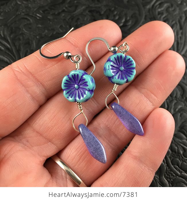 Blue and Purple Glass Hawaiian Flower and Purple Dagger Earrings with Silver Wire - #Zssg9aWLFA8-1
