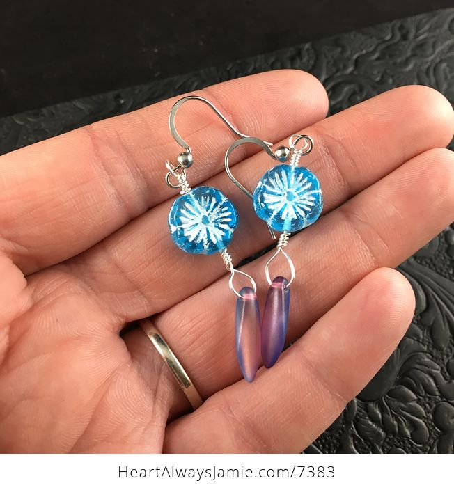 Blue and White Glass Hawaiian Flower and Blue and Purple Dagger Earrings with Silver Wire - #WZg8Wm2t2qA-2